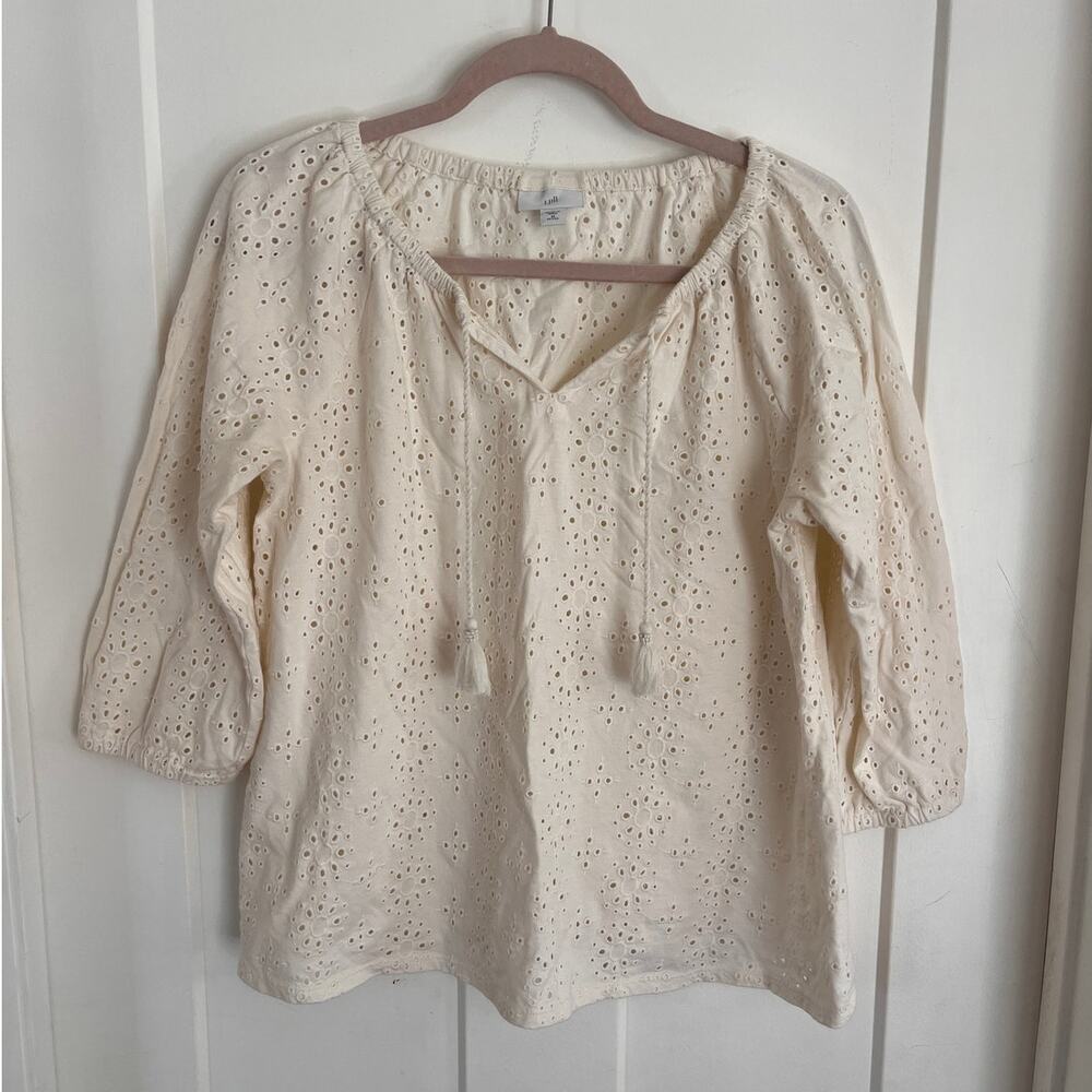J. Jill Embroidered Eyelet Cream Cotton 3/4 Sleeve Shirt M Petite